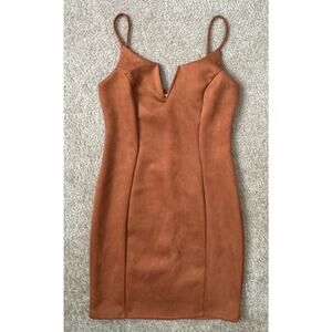 Iris Los Angeles V Plunge Flattering Dress Women’s Small Brown Faux Suede Sexy